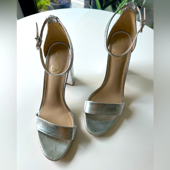 Sam Edelman Silver Metallic Strappy Yaro Block Chunky Heels Sandals Shoes - Picture 5 of 12